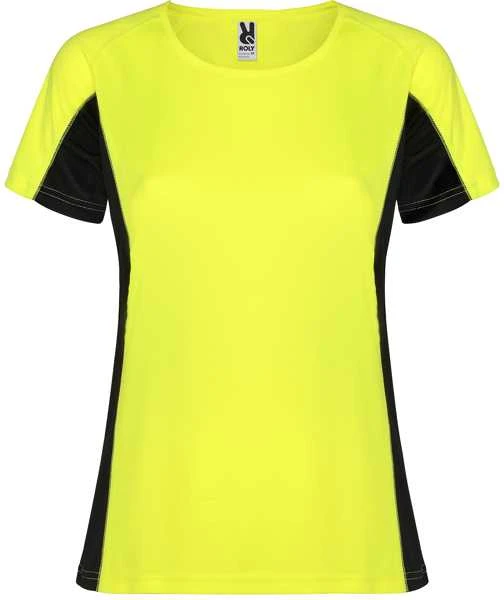 Roly Techniniai marškinėliai iš dviejų poliesterio audinių SHANGHAI WOMAN Fluoro geltona/juoda