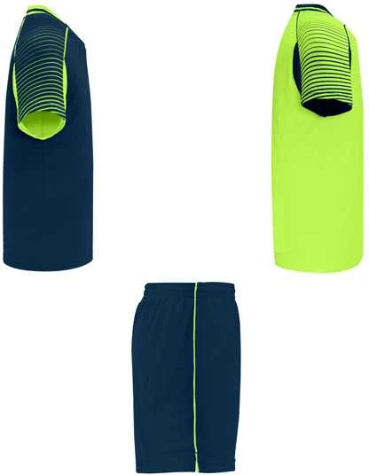 Roly Unisex sportinis komplektas: 2 marškiniai + šortai JUVE Fluoro žalia / tamsi mėlyna
