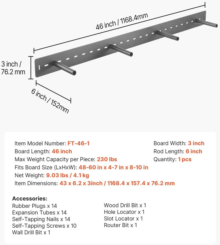 Vevor 1 vnt. lentynos laikiklis 46 inch / 1168.4 mm