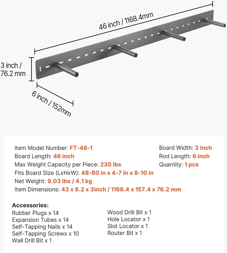 Vevor 1 vnt. lentynos laikiklis 46 inch / 1168.4 mm