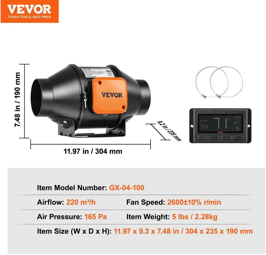 VEVOR 10 cm ortakių ventiliatorius su greičio kontrole