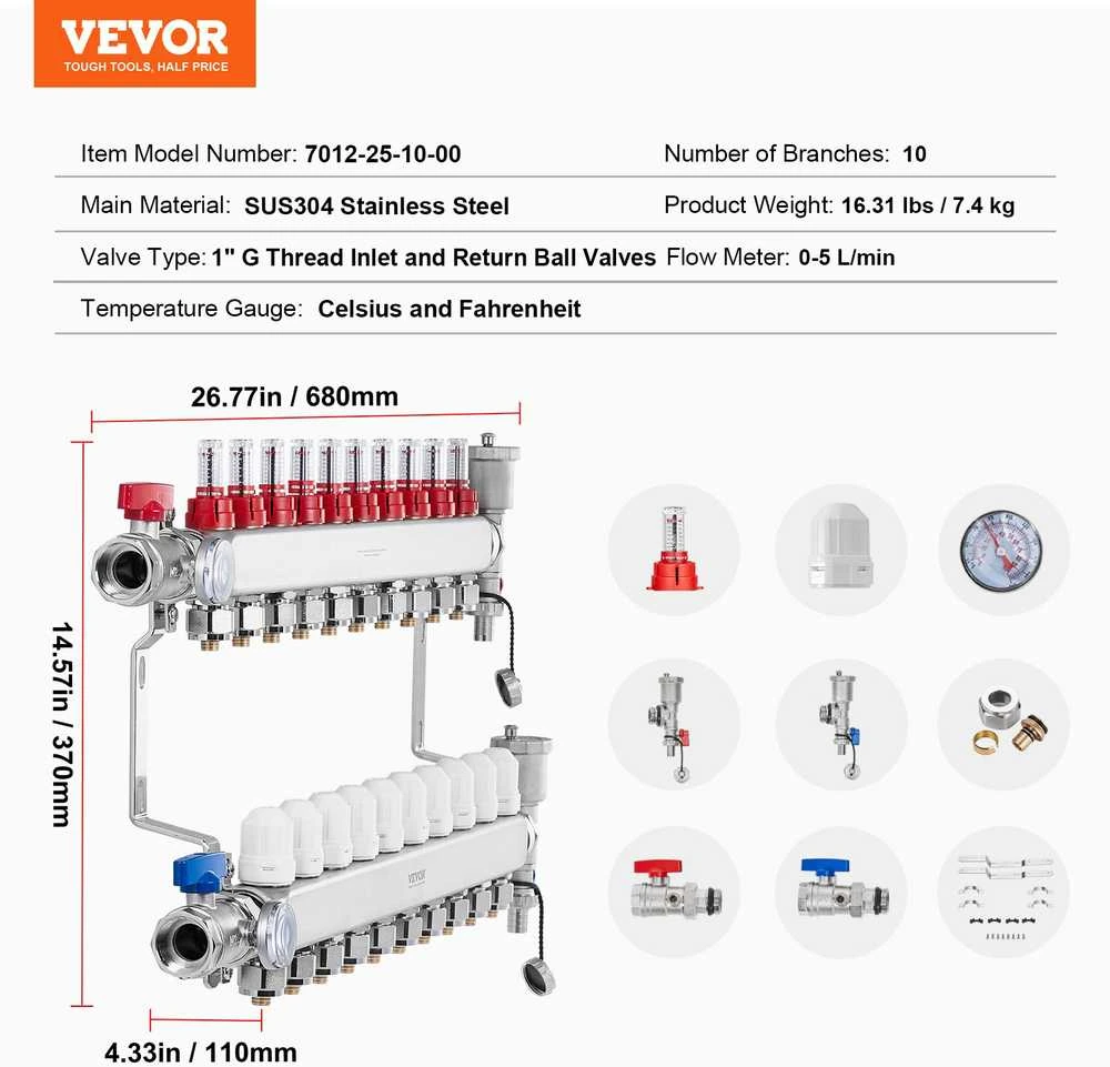 VEVOR 10-ių šakų šildymo kolektoriaus komplektas