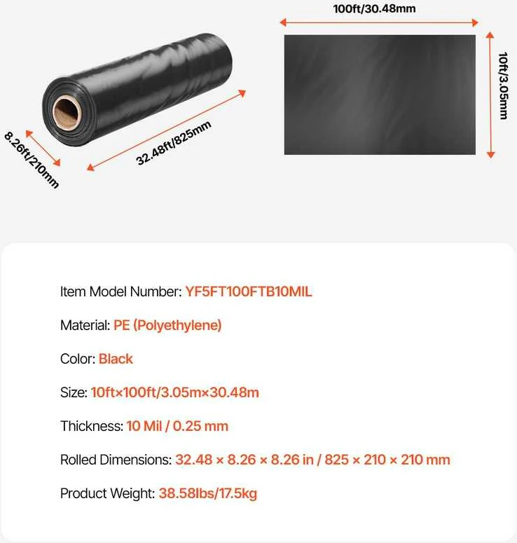 Vevor 10 mil juoda polietileno plėvelė 3.05 x 30.48 m