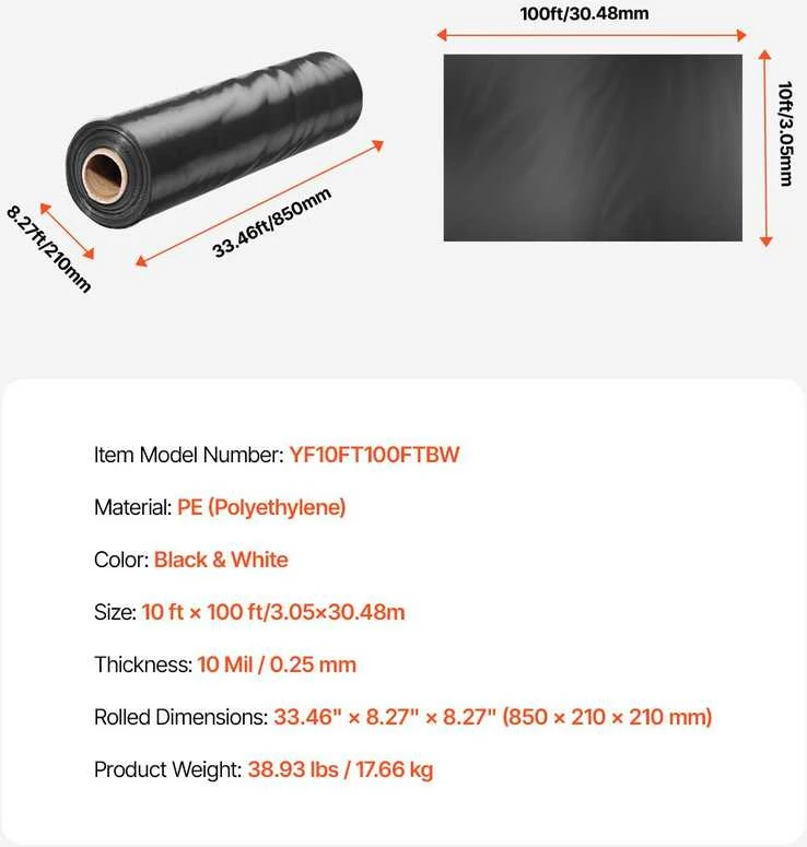 Vevor 10 mil plastiko plėvelės rulonas 10 x 100 FT juoda ir balta