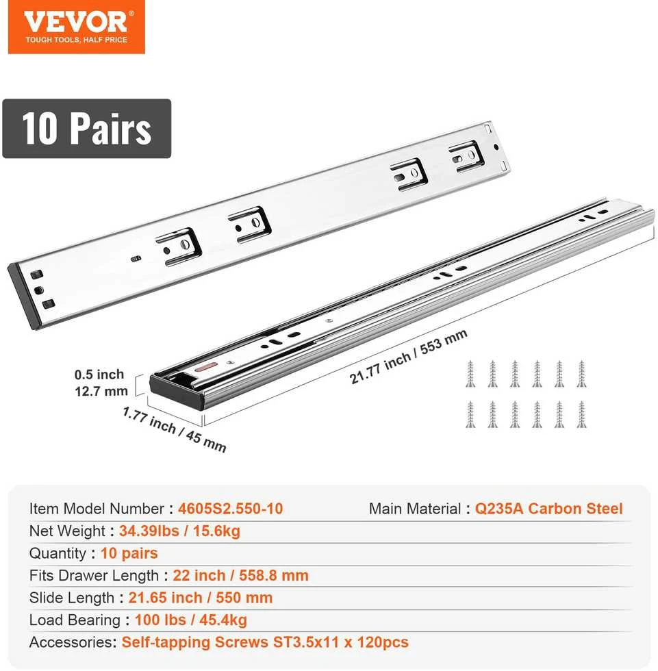 VEVOR 10 porų 558.8mm stalčių bėgeliai su švelnia uždarymo sistema