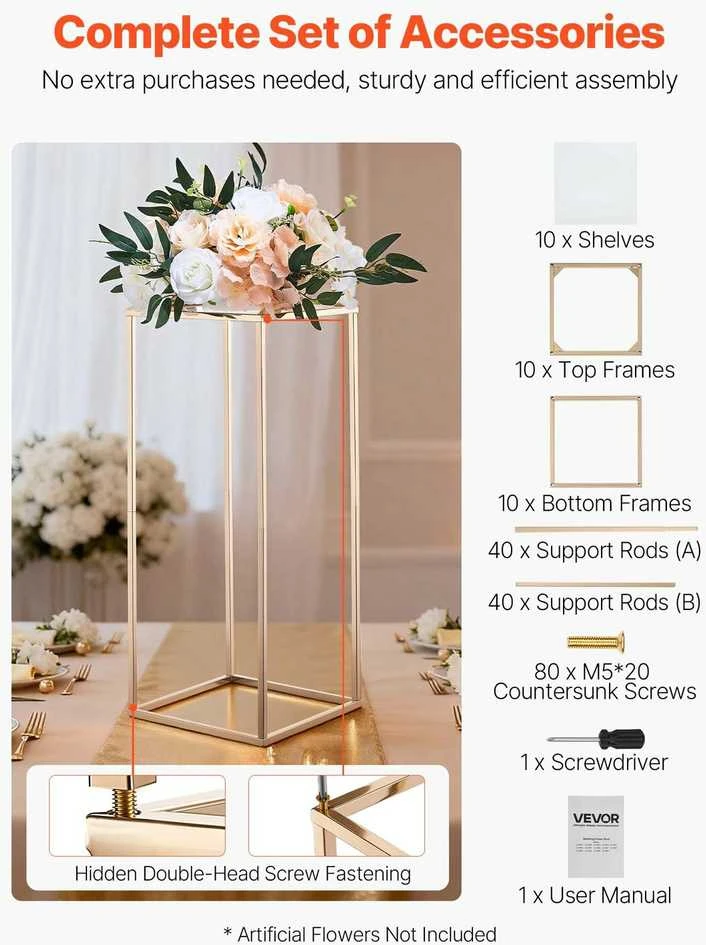 VEVOR 10 vnt 60 cm aukso gėlių stovai vestuvėms
