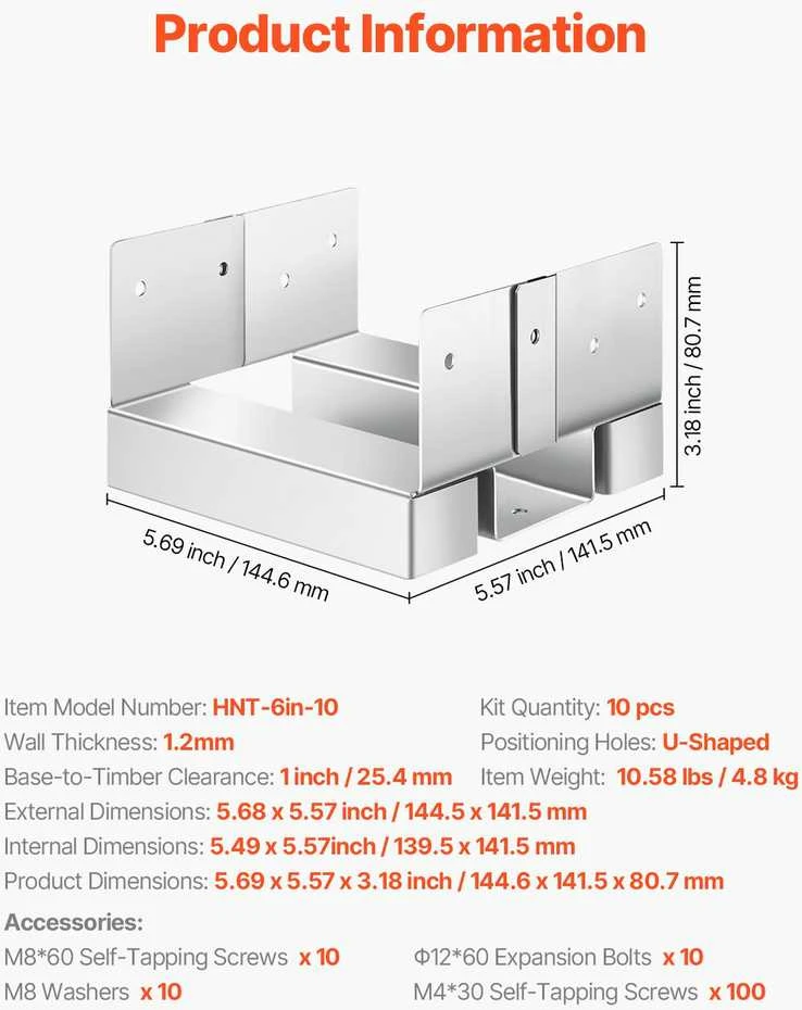 VEVOR 10 vnt 6x6 post pagrindo inkarai betonui 139.5x141.5 mm