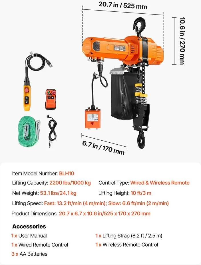 VEVOR 1000 kg elektrinis grandininis keltuvas, 3 m