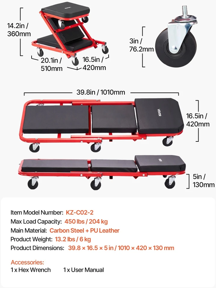 VEVOR 1010 mm sulankstomas mechaniko gultas 2-in-1