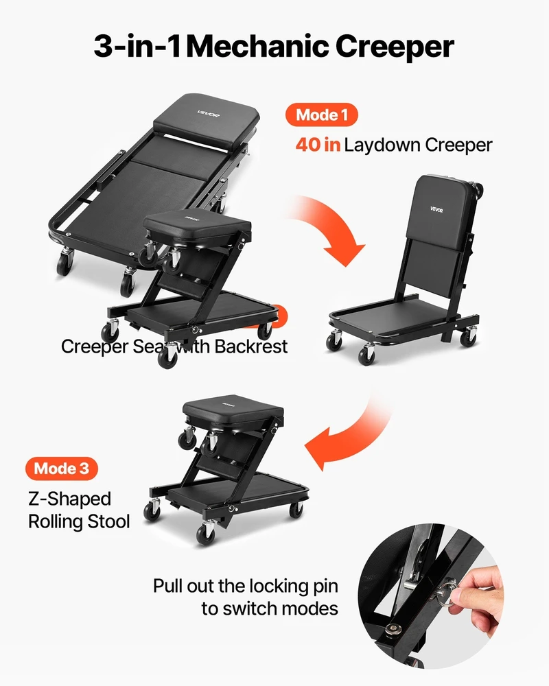 VEVOR 1015 mm 3-in-1 sulankstomas mechaniko vežimėlis