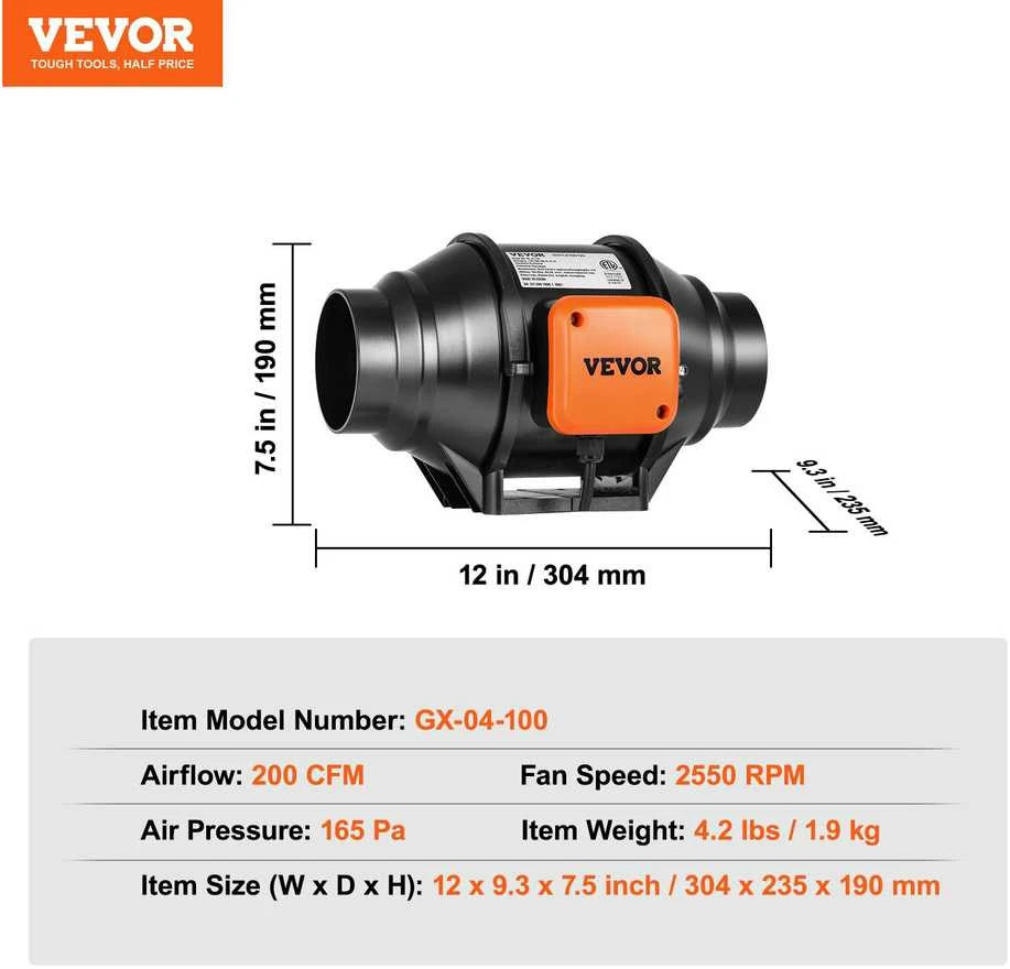 VEVOR 102mm ortakinis ventiliatorius su greičio reguliavimu