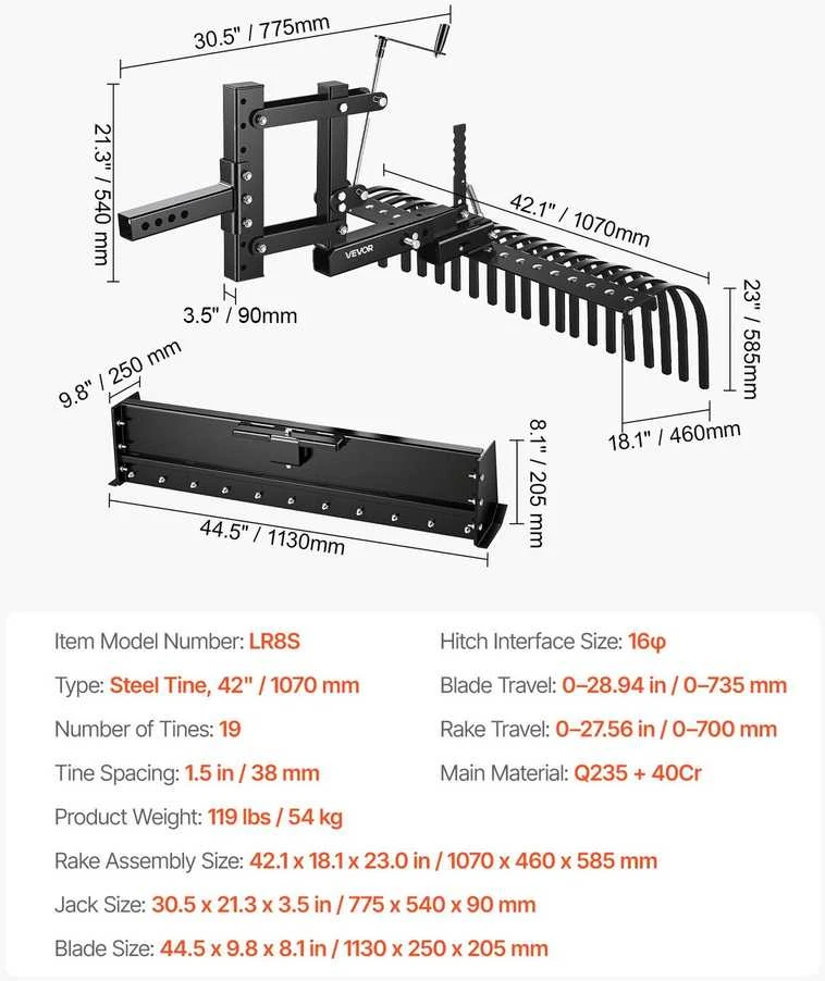 VEVOR 107 cm vilkimo peizažo grėblys ATV ir UTV
