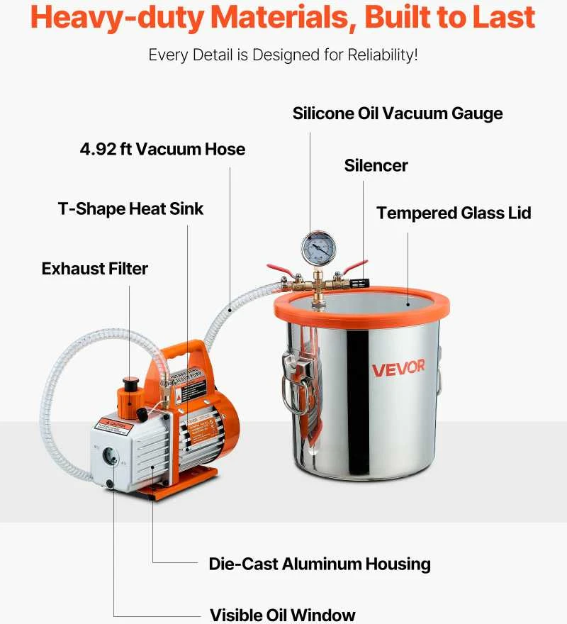VEVOR 110 l/min vakuuminis siurblys su 11,36 l plienine kamera