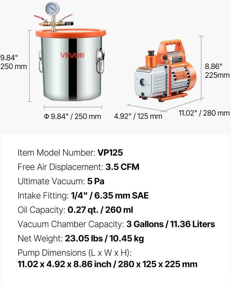 VEVOR 110 l/min vakuuminis siurblys su 11,36 l plienine kamera