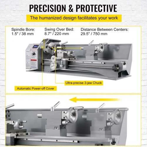 VEVOR 1100W mini metalo tekinimo staklės 220x750 mm