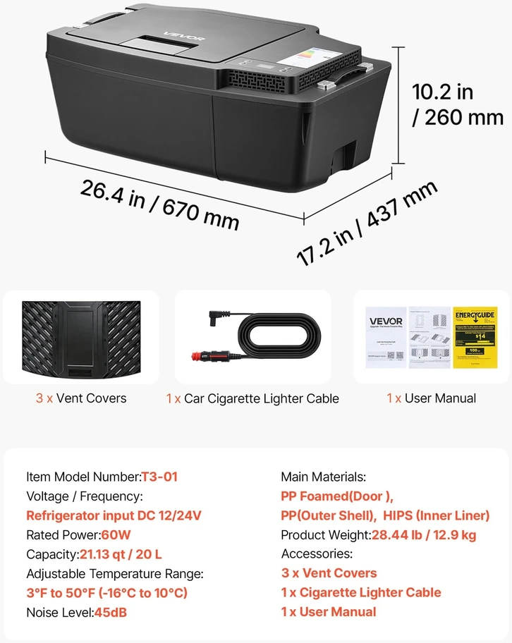 VEVOR 12 voltų šaldytuvas, 20l, Tesla Model 3