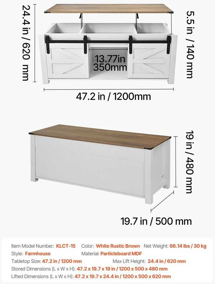VEVOR 120 cm kaimo stiliaus kavos staliukas su pakeliamu stalviršiu