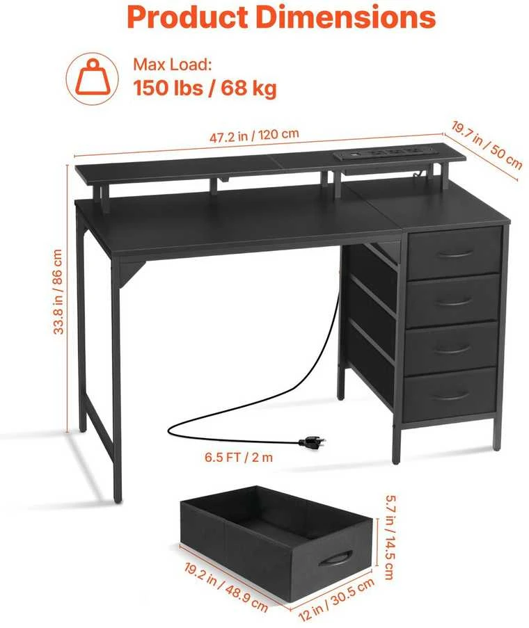 VEVOR 120 cm kompiuterio stalas su LED šviesomis ir elektros lizdais