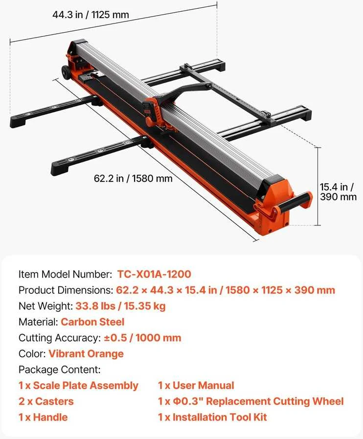 Vevor 1200 mm plytelių pjaustyklė su kreipiančiosiomis