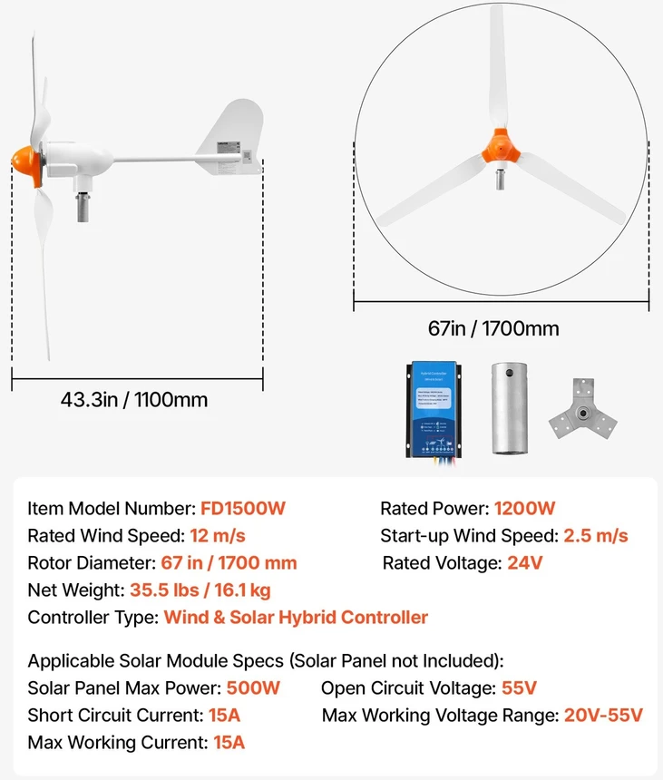 VEVOR 1200W 24V vėjo turbinos generatorius, 3 menčių rinkinys