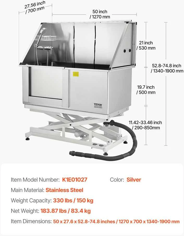 VEVOR 127 cm elektrinė šunų maudymo vonelė su filtru