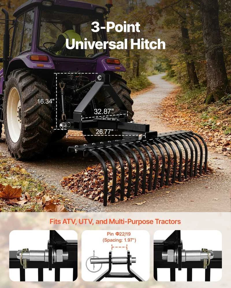 VEVOR 127 cm kraštovaizdžio grėblys, 17 plieninių dantų