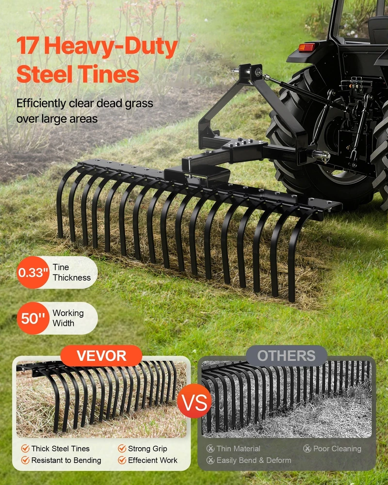 VEVOR 127 cm kraštovaizdžio grėblys, 17 plieninių dantų