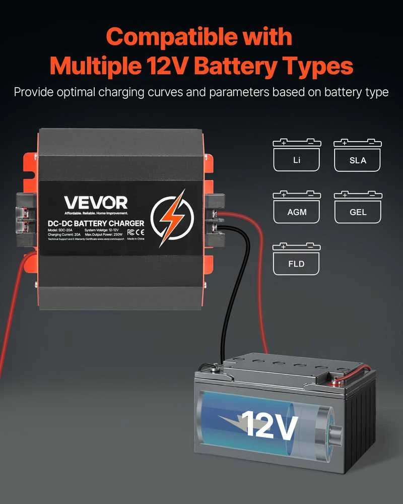 VEVOR 12V 20A nuolatinės srovės akumuliatorių įkroviklis