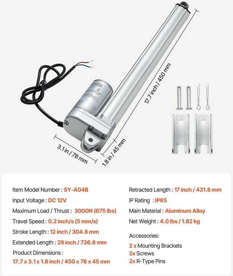 VEVOR 12V linijinis pavaras, 305 mm eiga, IP65