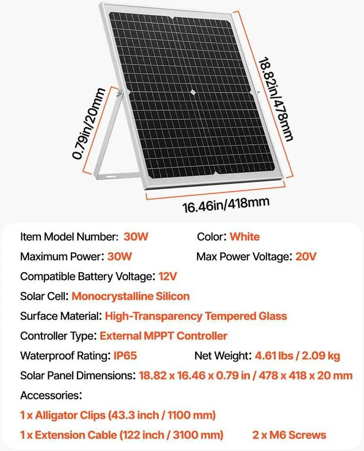 VEVOR 12V saulės baterijų įkroviklis 30W