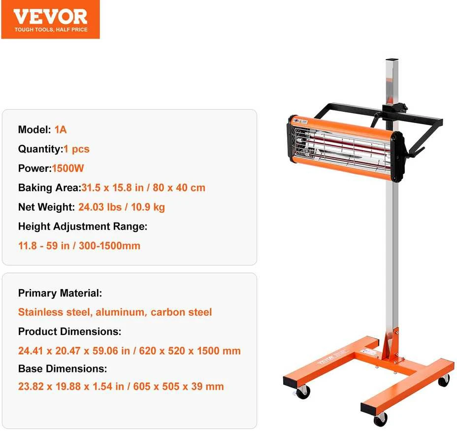 VEVOR 1500W infraraudonųjų spindulių lempa automobilių dažų džiovinimui