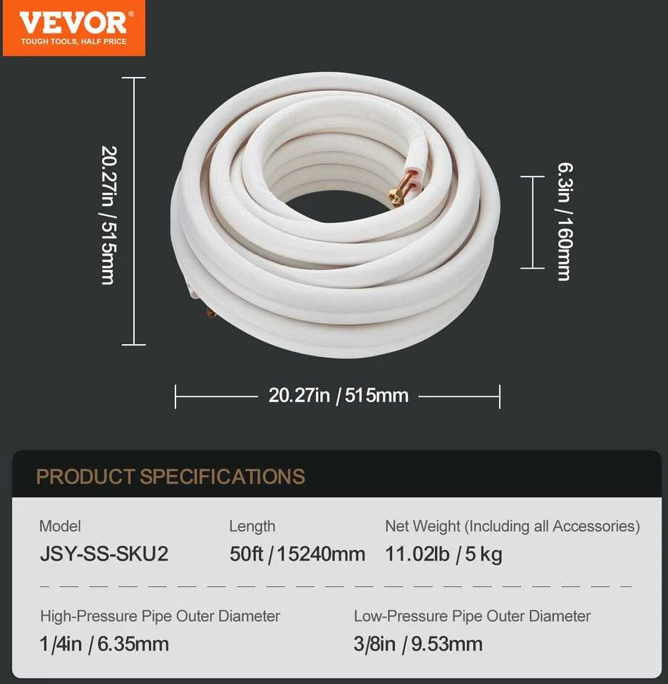 VEVOR 15240 mm mini išrauto vamzdynas oro kondicionieriui
