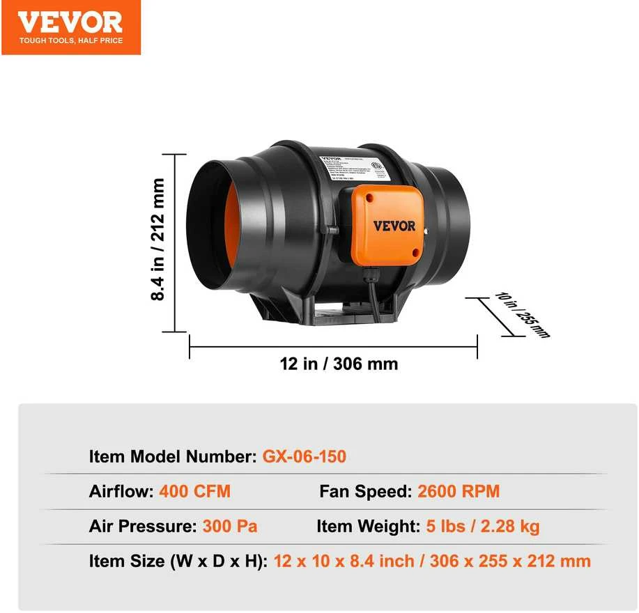 VEVOR 152.4mm ortakinis kanalinės ventiliacijos ventiliatorius