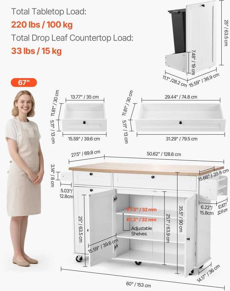 VEVOR 153 cm virtuvinis stalas su ratukais ir stalčiumi