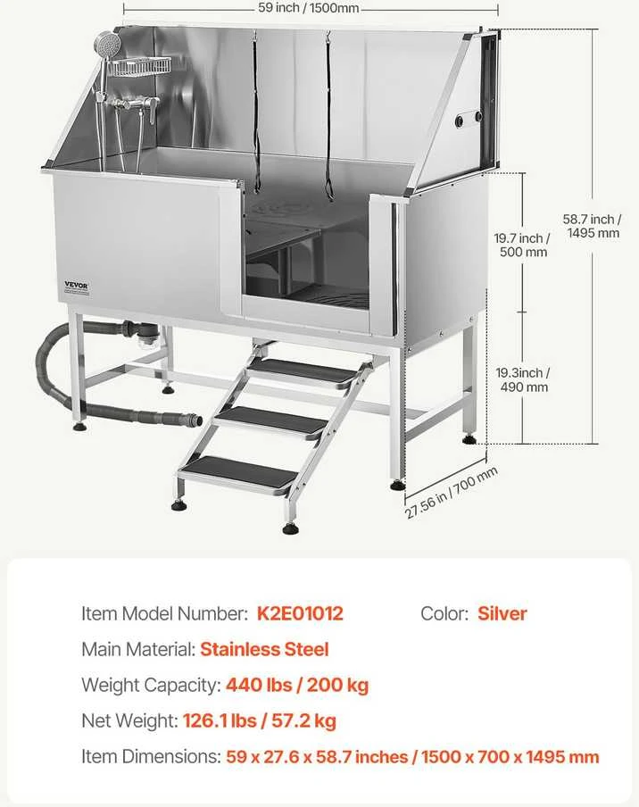 VEVOR 157,5 cm šuns plovimo vonia su laiptais ir filtru
