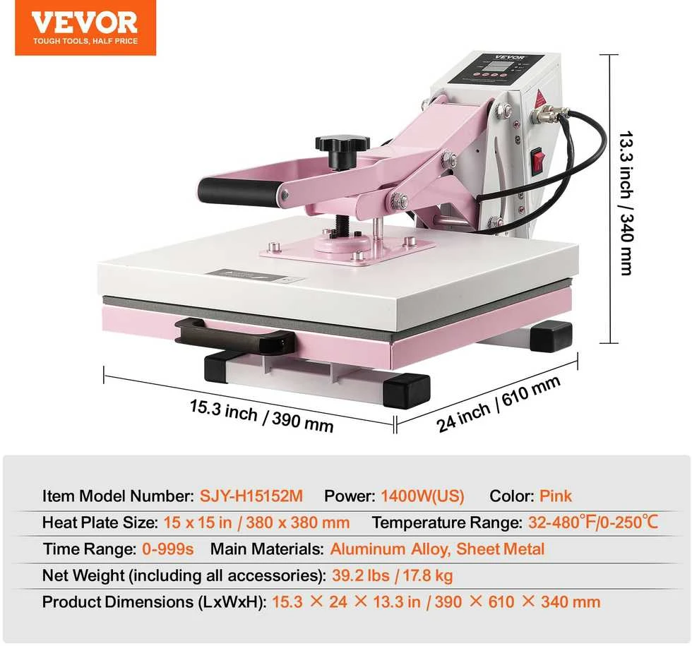 VEVOR 15x15 cm rožinis termo presas