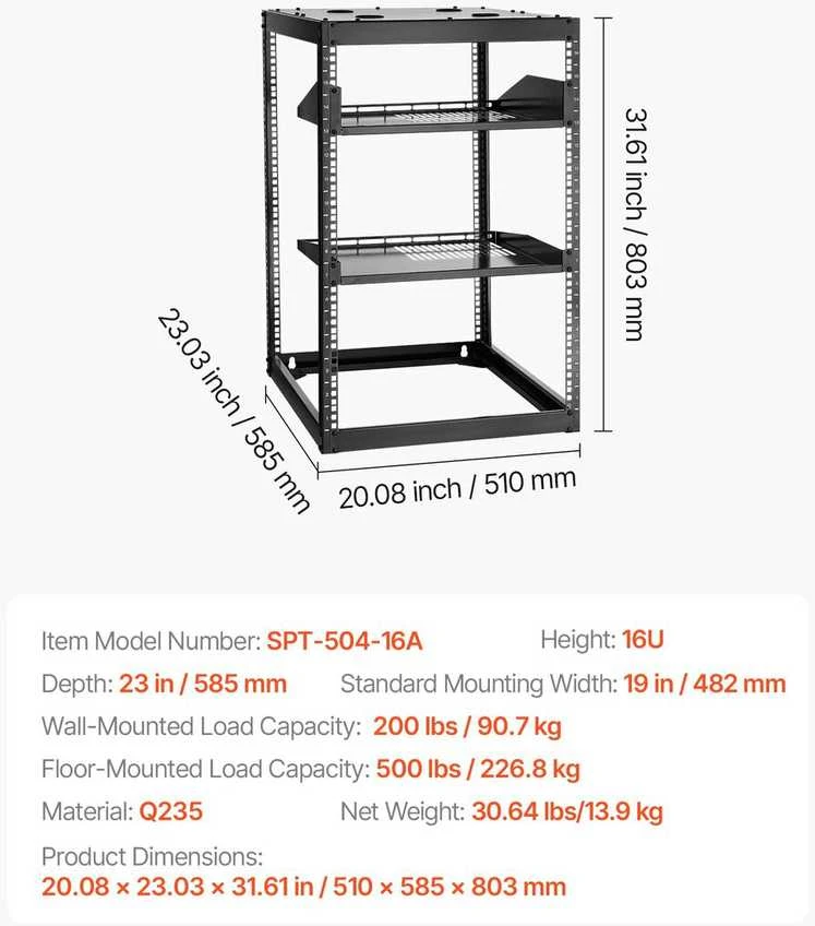 VEVOR 16U atviras tinklo rėmas, 585 mm gylis