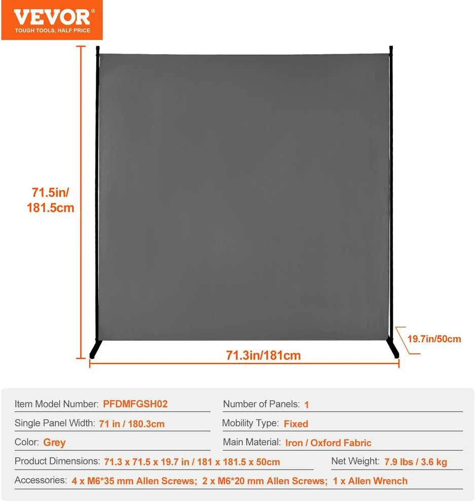 VEVOR 180 cm pilka vieno skydo kambario pertvara
