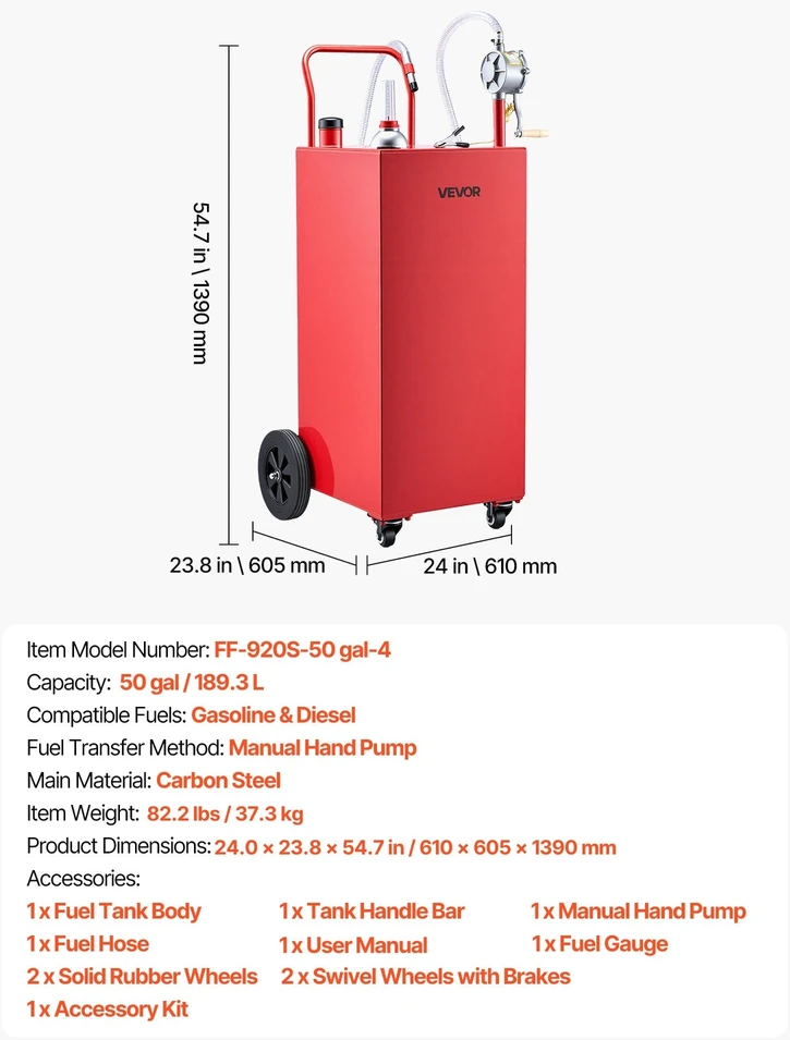 VEVOR 189,3 l kuro vežimėlis su rankine pompa