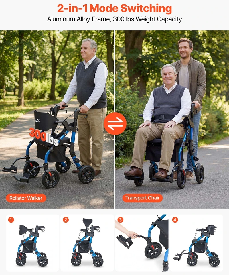 VEVOR 2-in-1 vaikštynė ir transporto kėdė senjorams