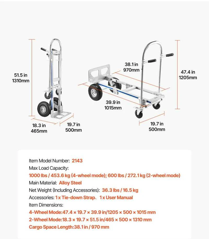 VEVOR 2 in 1 vežimėlis su nešlifu rankena