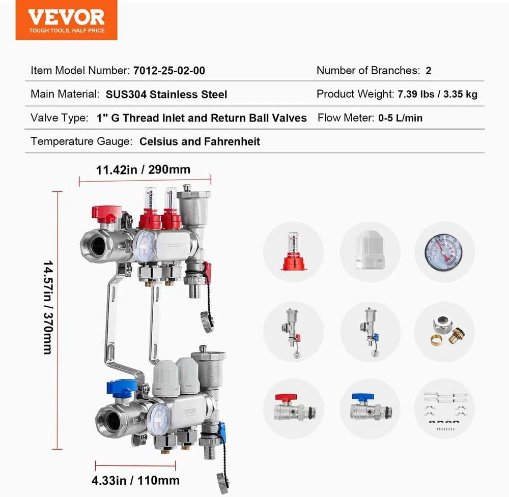 VEVOR 2-jungčių grindų šildymo kolektorius (PEX)