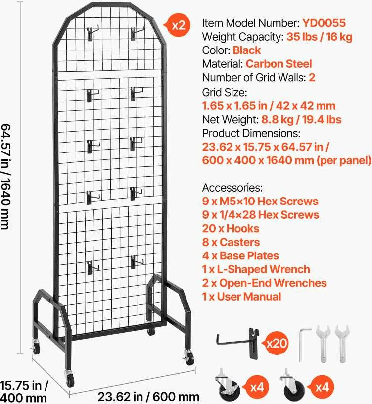 VEVOR 2 vnt. 600 x 1640 mm tinklinė sienelė su ratukais ir kabliukais