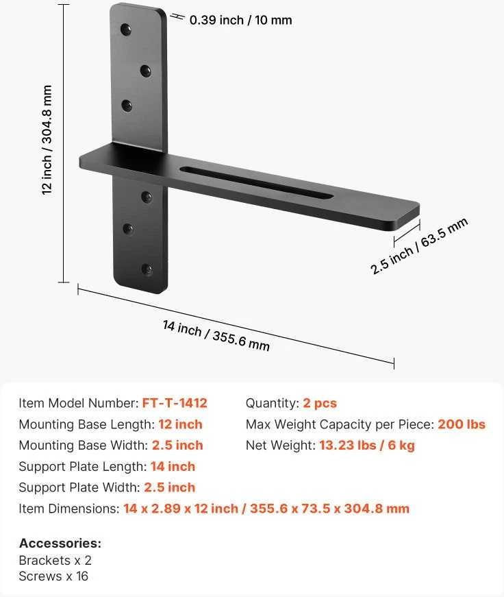 VEVOR 2 vnt lentynos laikikliai 355.6 mm