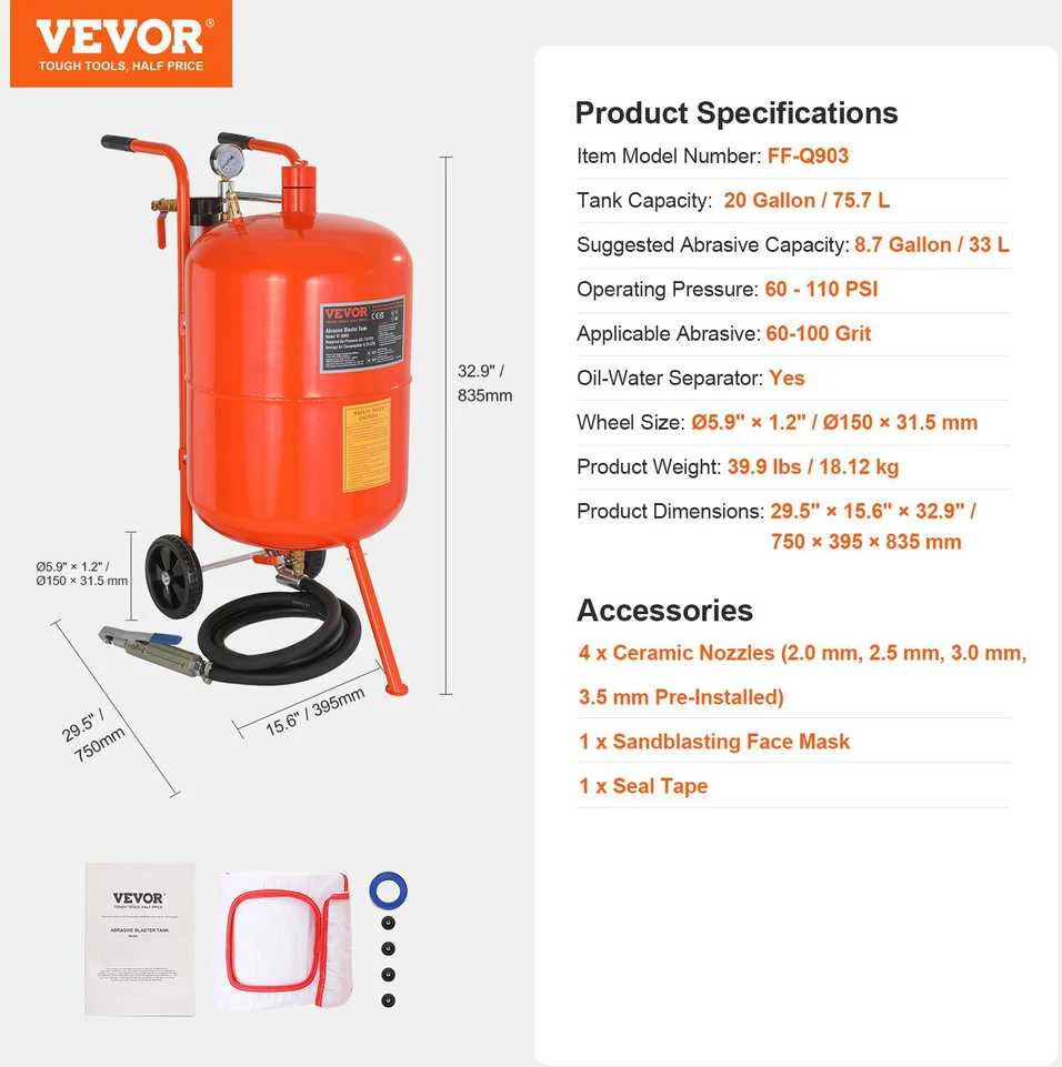 VEVOR 20 galonų smėliasrovė 60–110 PSI su 4 purkštukais