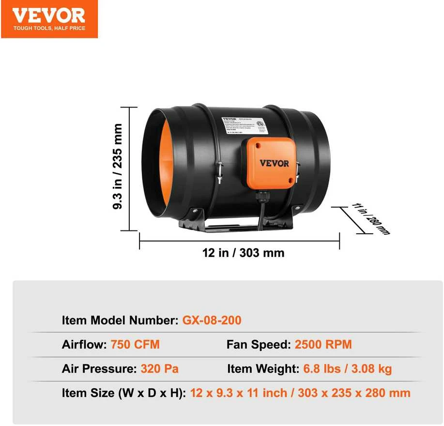 VEVOR 203,2 mm kanalu ventiliatorius HVAC sistemoms