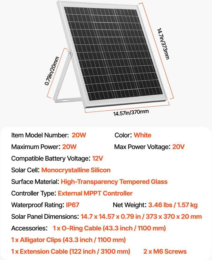 VEVOR 20W 12V saulės baterijų įkroviklis su laikikliu
