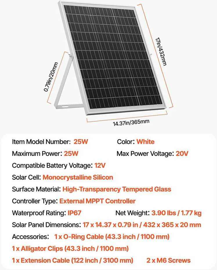 VEVOR 25W 12V saulės baterijos įkroviklis