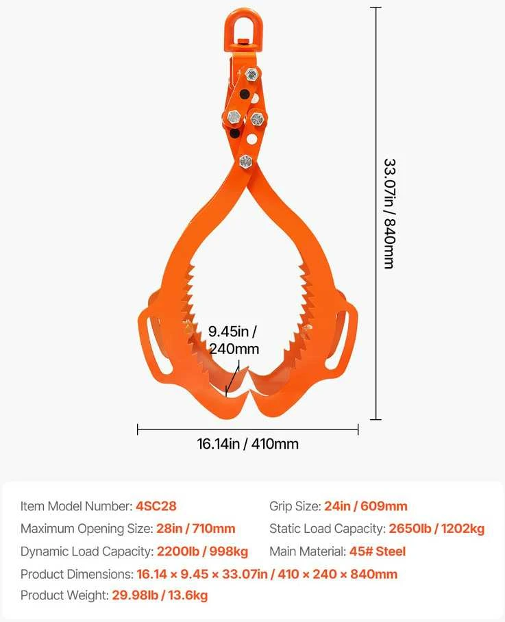 VEVOR 28 cm rąstų kėlimo žnyplės su 4 nagais
