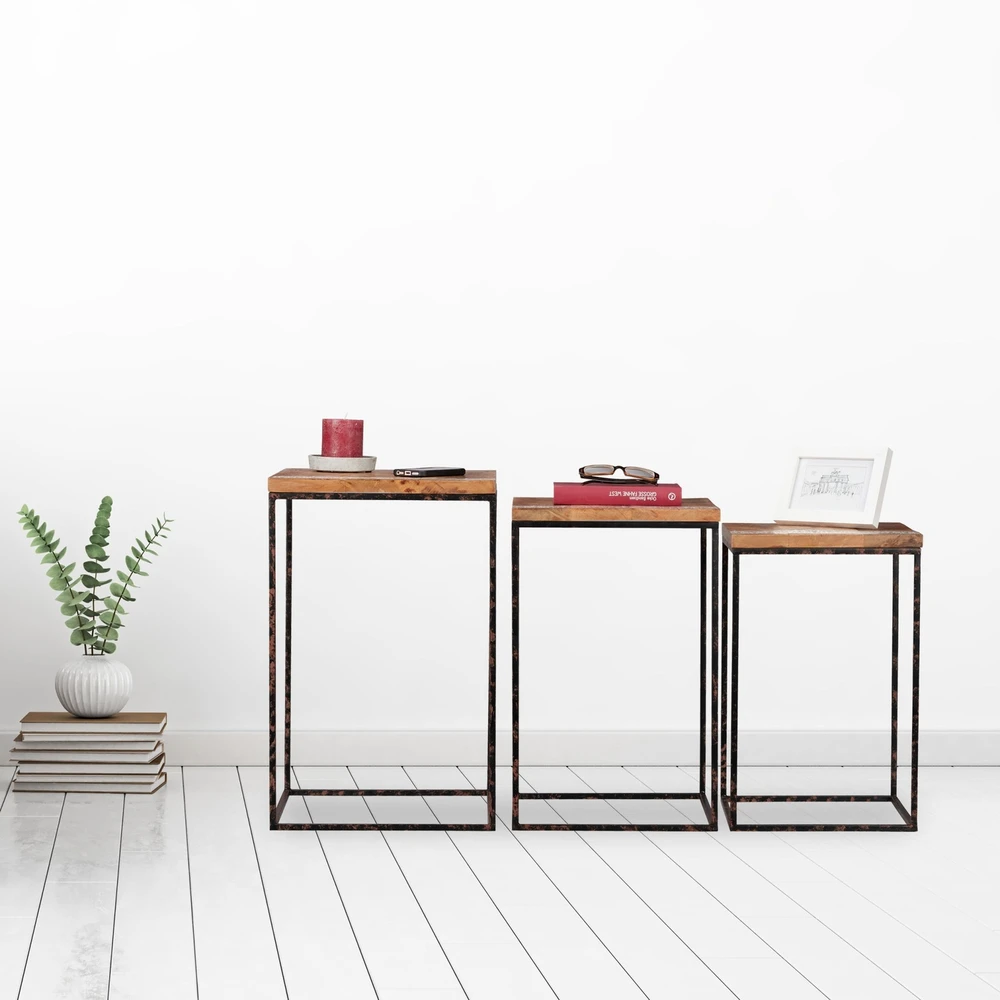 Relaxdays 3 dalių įstatomų staliukų komplektas iš mango medienos
